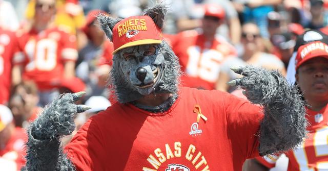 Xaviar Babudar dressed as a wolf at a Kansas City Chiefs game
