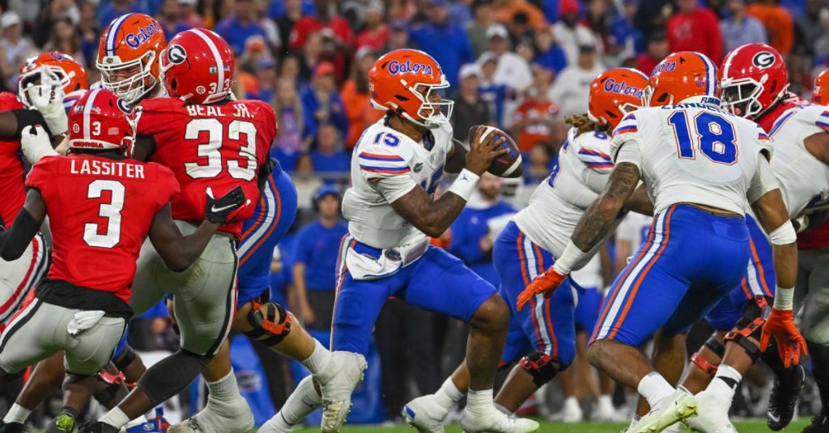 Florida Gators Anthony Richardson eludes the Georgia defense during the college football game between the Florida Gators and Georgia Bulldogs on October 29, 2022, at TIAA Bank Field in Jacksonville, Florida.