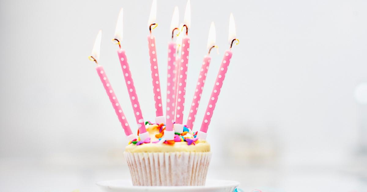Birthday cupcake with candles lit. — Stock Photo.