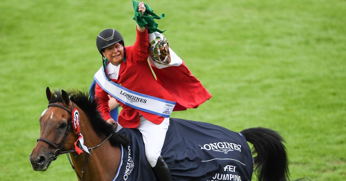 Dublin , Ireland - 10 August 2018; Federico Fernandez competing on Landpeter Do Feroleto with the Aga Khan Cup after the Longines FEI Jumping Nations Cup of Ireland during the StenaLine Dublin Horse Show at the RDS Arena in Dublin. (Photo By Harry Murphy/Sportsfile via Getty Images)