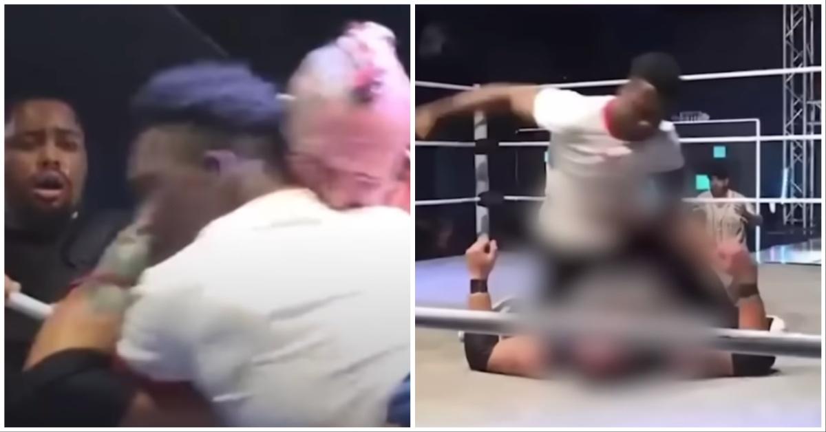 Raja Jackson attacks Stuart Smith during a pro-wrestling match.