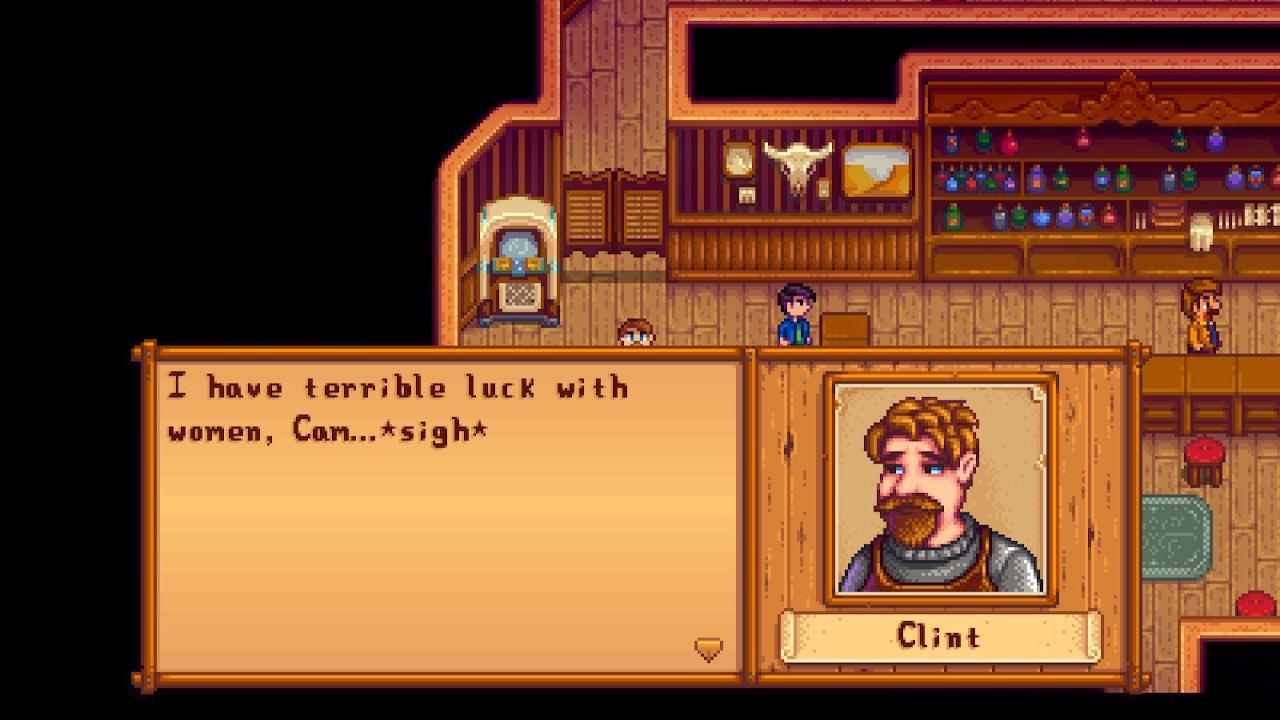 Clint in 'Stardew Valley' saying "I have terrible luck with women."