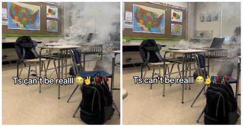 A Chromebook on fire and smoking.