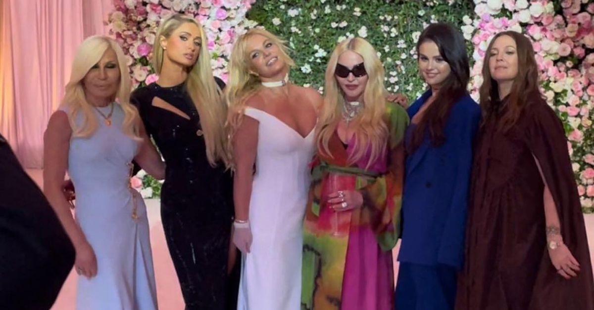 (l-r): Donatella Versace, Paris Hilton, Britney Spears, Madonna, Selene Gomez, Drew Barrymore at Britney's wedding