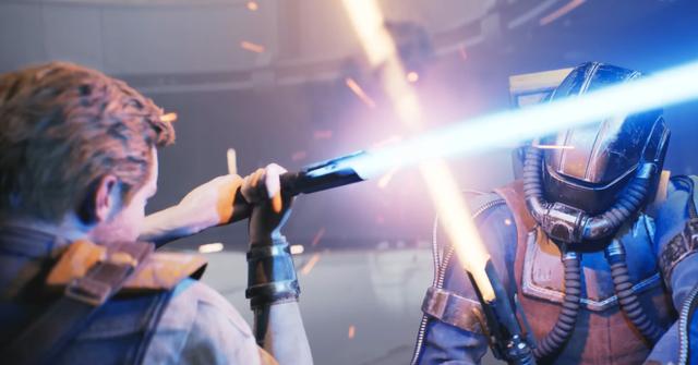 'Star Wars Jedi: Survivor' Cal Kestis and an enemy in a lightsaber struggle.