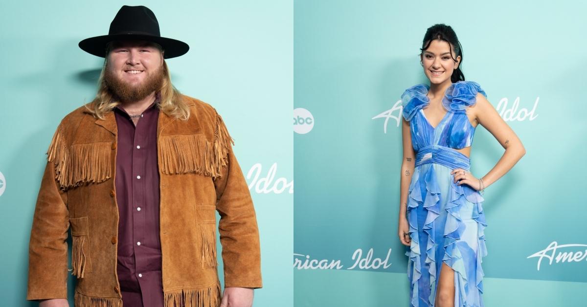 Will Moseley wears a fringe jacket and cowboy hat while Mia Matthews dons a blue and white dress.