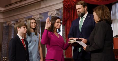 Vice President Kamala Harris ceremonially swears in U.S. Senator Katie Britt, Republican of Alabama, for the 118th Congress