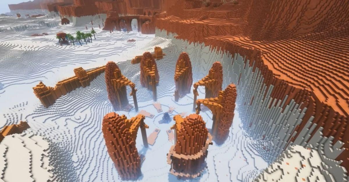 Un Cercle De Statues Dans La Région Gerudo De Breath Of The Wild Recréé Dans Minecraft.