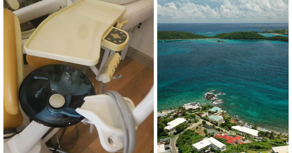 (L-R): spit-tray found in Jeffrey Epstein's island house; Jeffrey Epstein's house on Little Saint James