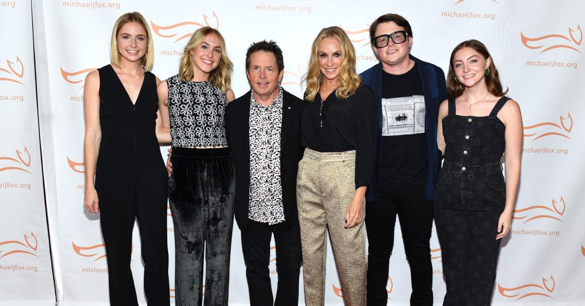 (L-R) Schuyler Fox, Aquinnah Fox, Michael J. Fox, Tracy Pollan, Sam Fox, and Esmé Fox at the "A Funny Thing Happened On The Way To Cure Parkinson's" gala on Oct. 23, 2021.