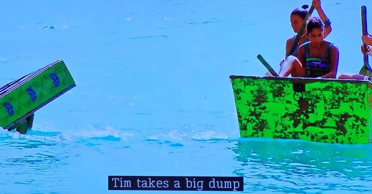 'Survivor 46' screenshot with closed caption "Tim takes a big dump"