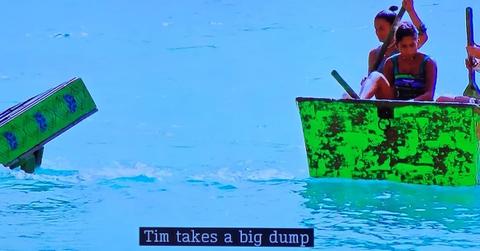 'Survivor 46' screenshot with closed caption "Tim takes a big dump"