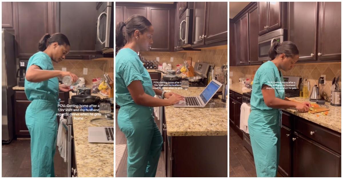 Woman wears blue scrubs and cooks dinner for her husband after 13 hour shift at work.