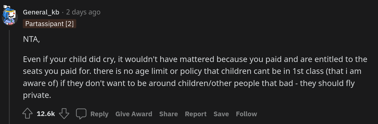 first class passenger angry at toddler