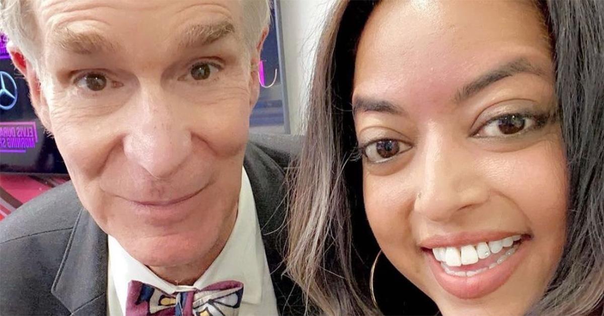 Medha Gandhi and Bill Nye taking a selfie together. 