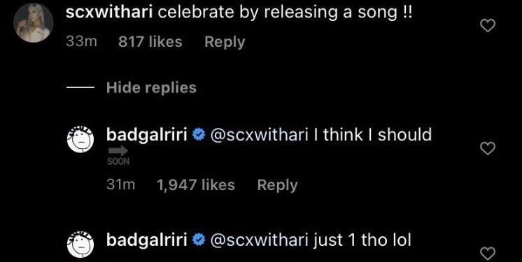 Rihanna New Music Instagram Comment