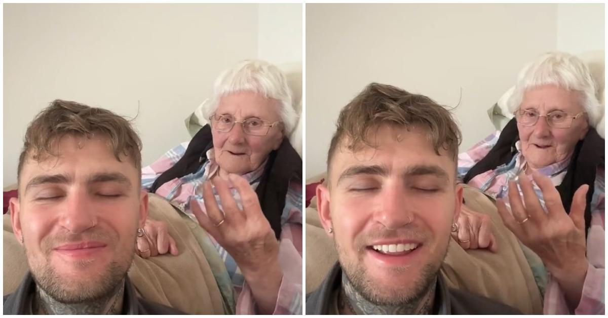 Man on TikTok does the closed eyes challenge with his grandma.