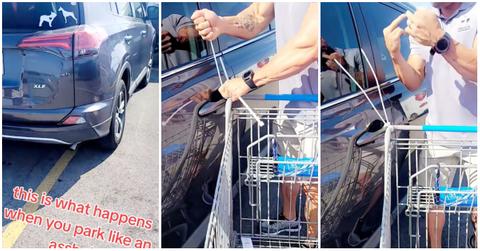 A man zip ties a cart to a car