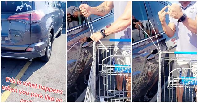 A man zip ties a cart to a car