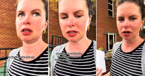 Still from a viral video of a woman explaining that she uses her credit card to pay rent.