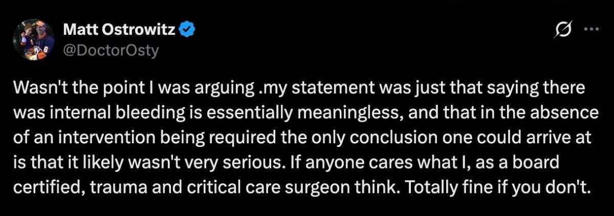 Comment about ICE agent Jonathan Ross allegedly suffering from internal bleeding