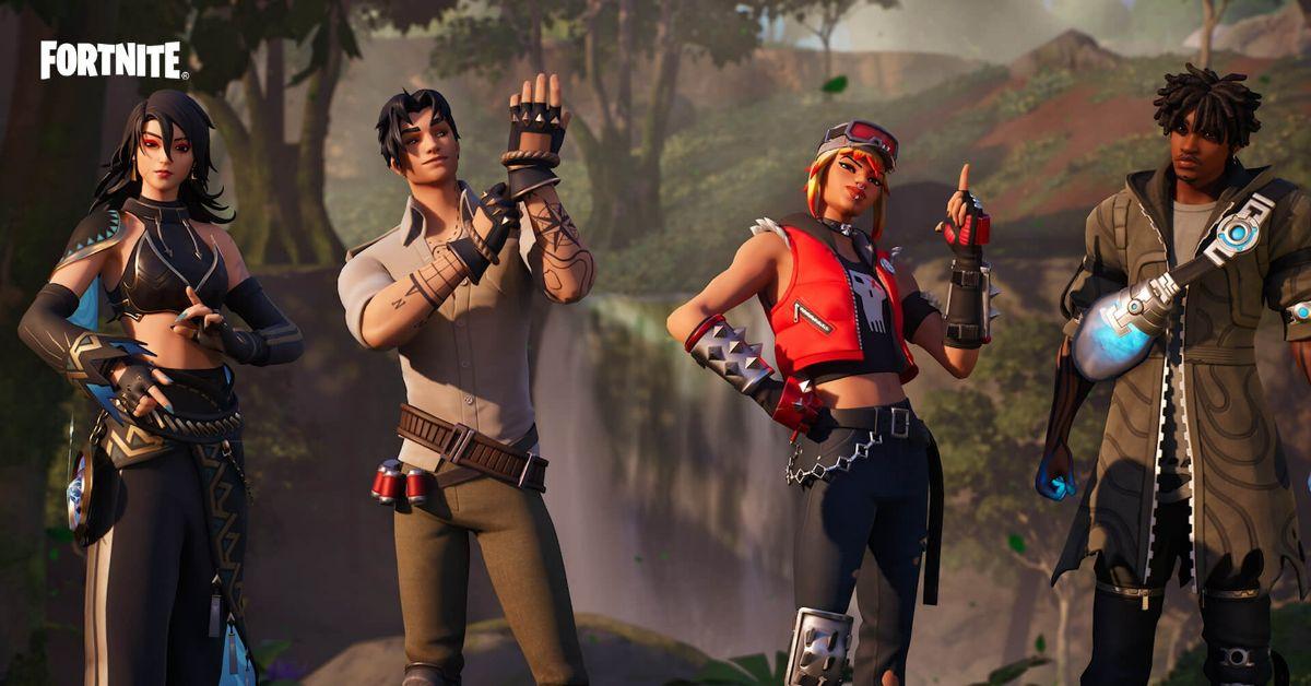 Four Fortnite players standing in a line in front of the jungle biome.