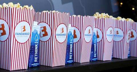 Fandango branded popcorn buckets and water