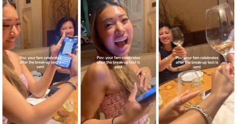 A woman's family celebrates her sending a breakup text