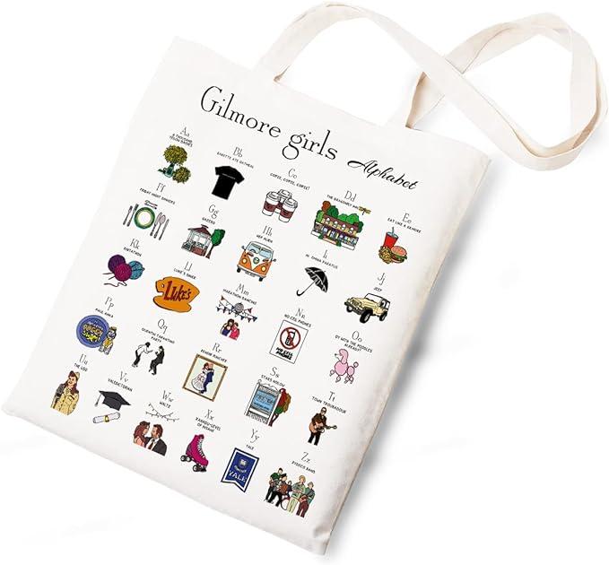 All of the letters of the alphabet in Gilmore Girls references on a tote bag