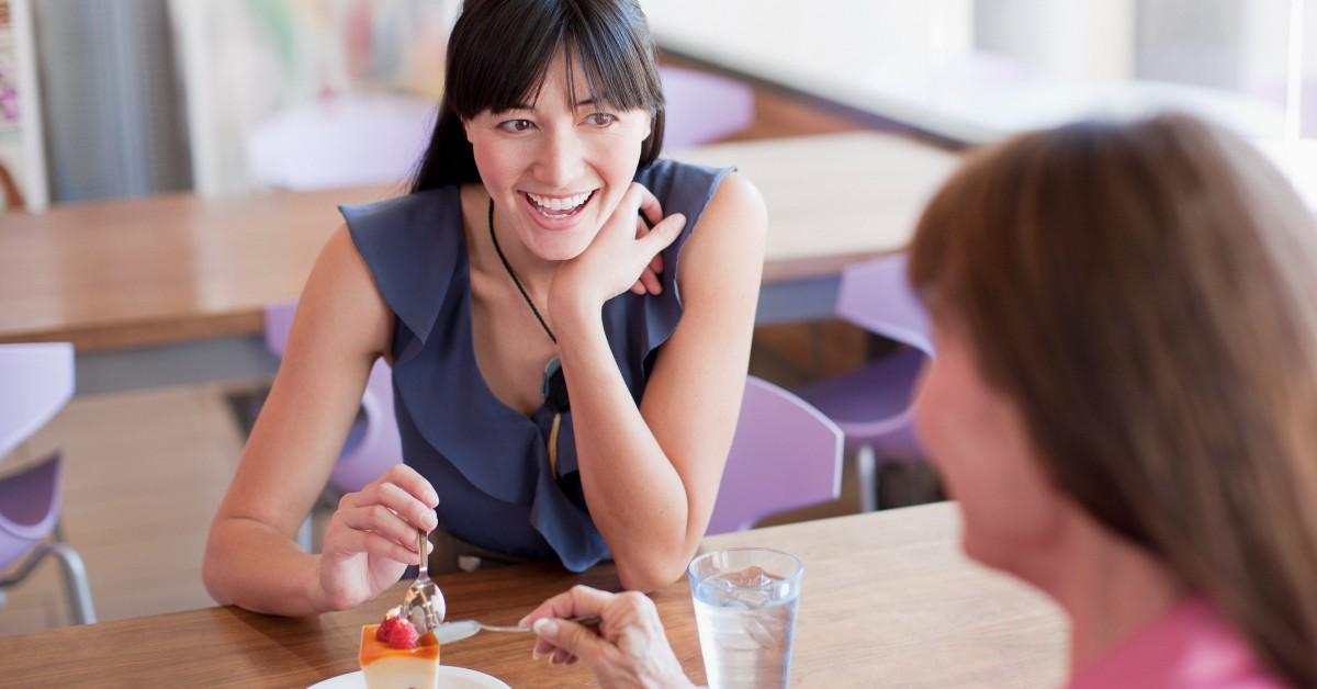 Two women eating dessert together