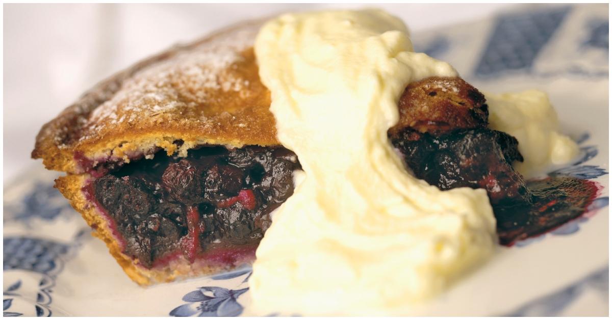 A slice of blueberry pie and whipped cream