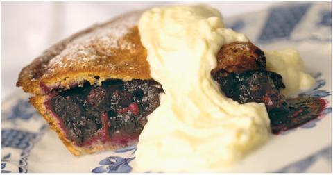 A slice of blueberry pie and whipped cream