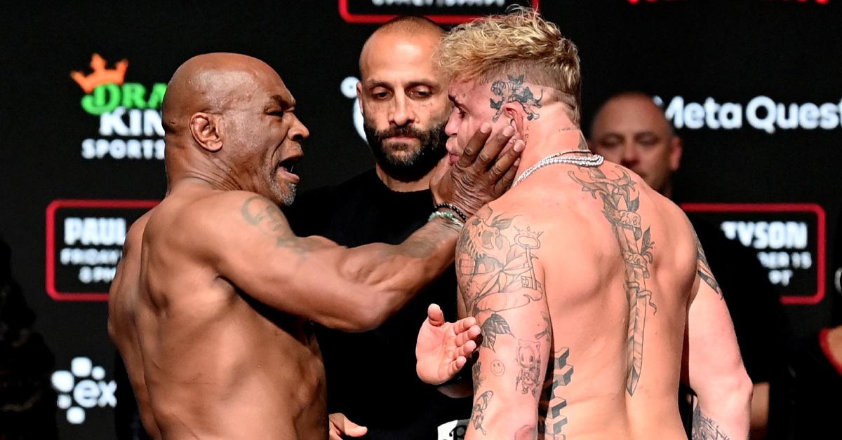 Mike Tyson slaps Jake Paul at the public weigh-in on Thursday, Nov. 14, 2024.