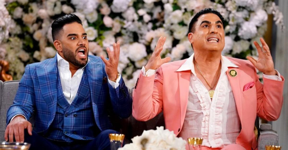 Mike and Reza react during a Shahs of Sunset season reunion.