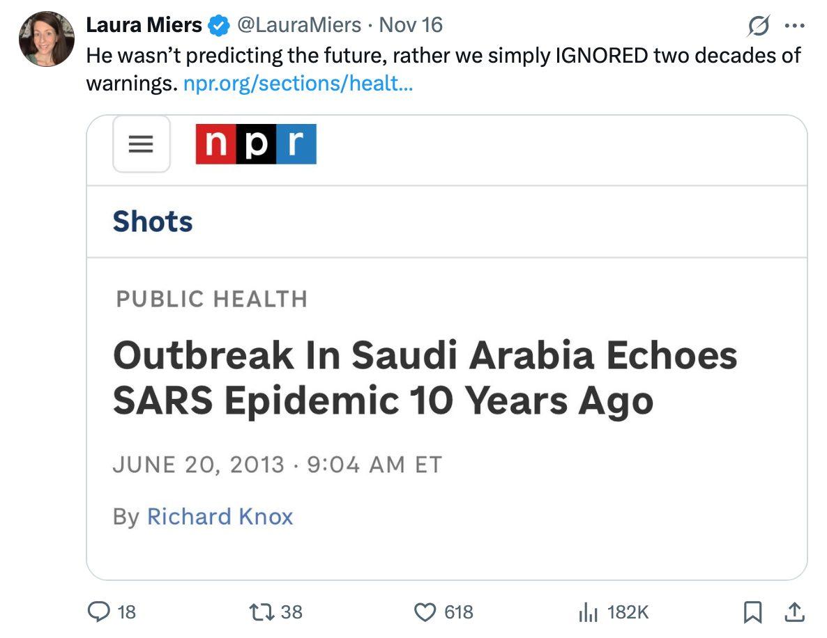 Comment on Tweet from 2013 where man predicts the coronavirus is coming.