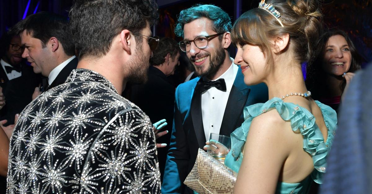 Joanna Newsom and Andy Sandberg talk with Darren Criss at the 2020 Vanity Fair Oscars Party