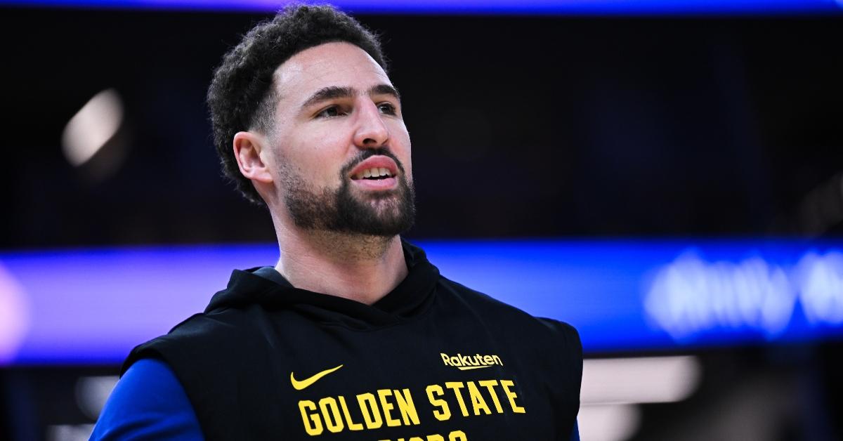 Klay Thompson (11) of Golden State Warriors warms up before the NBA game between New York Knicks and Golden State Warriors at Chase Center on March 18, 2024 in San Francisco, California, United States. (Photo by Tayfun Coskun/Anadolu via Getty Images)