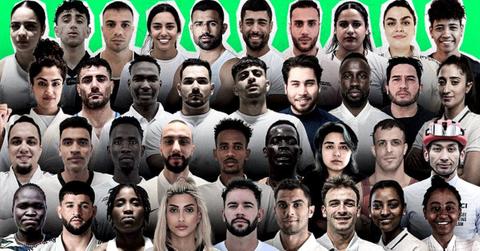 2024 Paris Summer Olympics Refugee Team faces against a green background