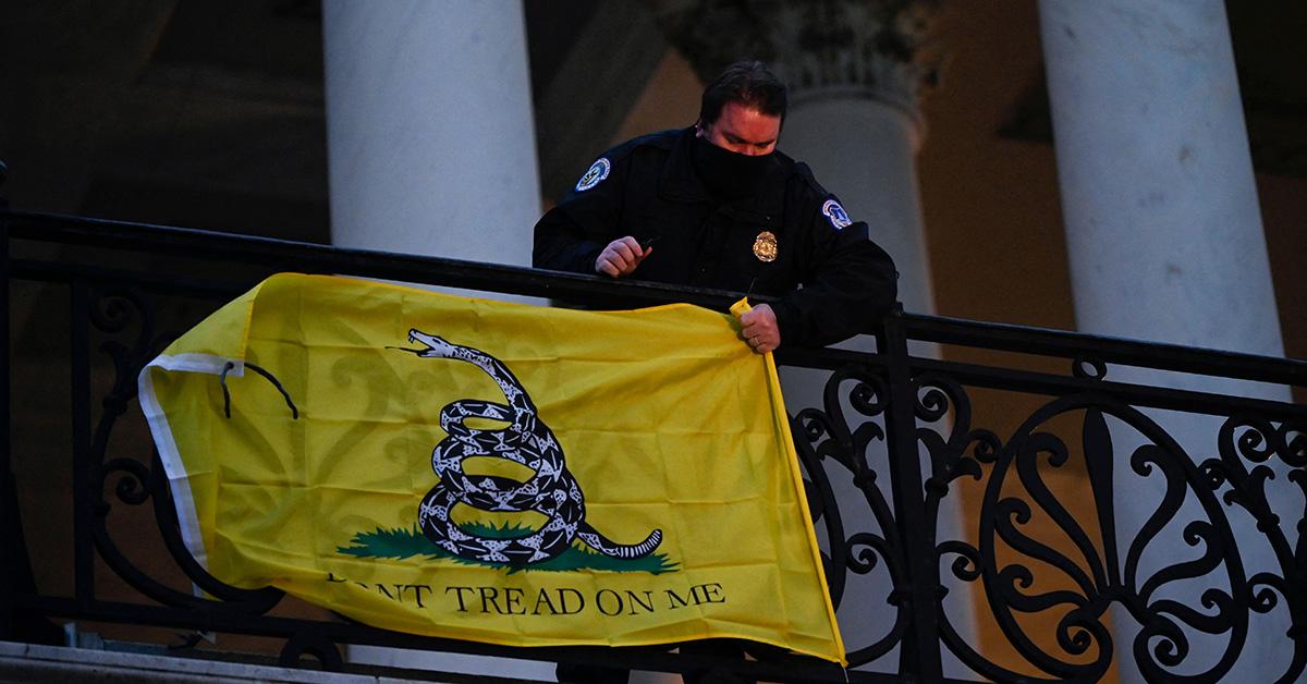 A police officer taking down the Gadsden Flag at the US Capitol on Jan. 6, 2021. 