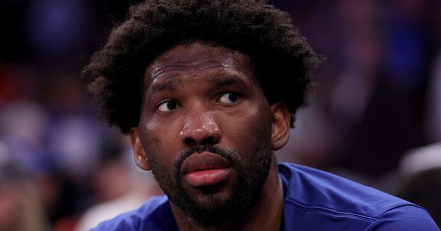 Joel Embiid sitting on the bench during game 1 of 76ers vs. Knicks.