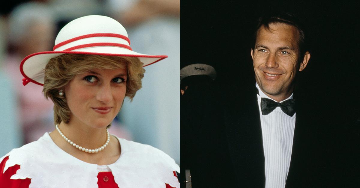 Princess Diana and Kevin Costner in the 1980s in two separate images.