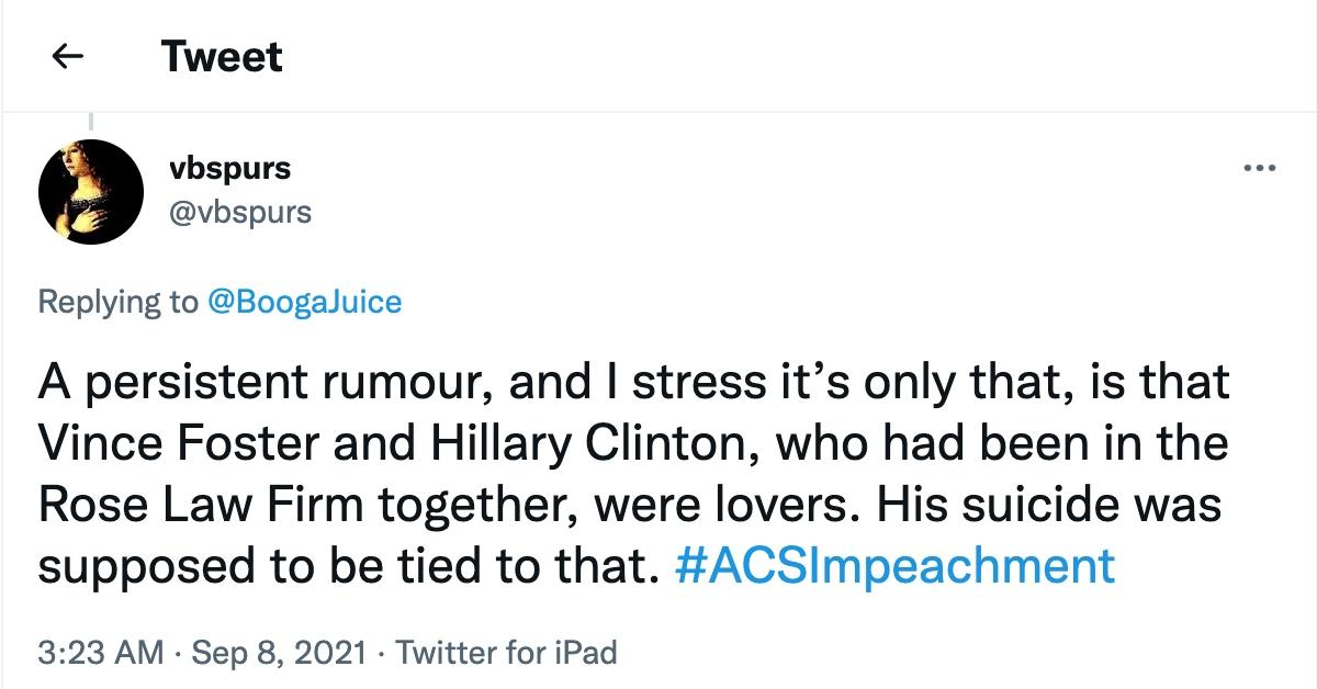 Tweet about Vince Foster's supposed affair with Hillary Clinton