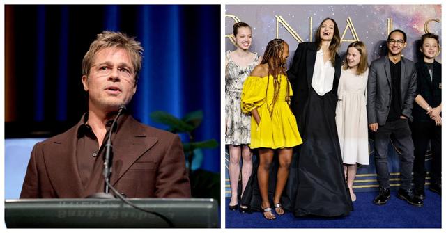Brad Pitt and Angelina Jolie and her children at a red carpet.