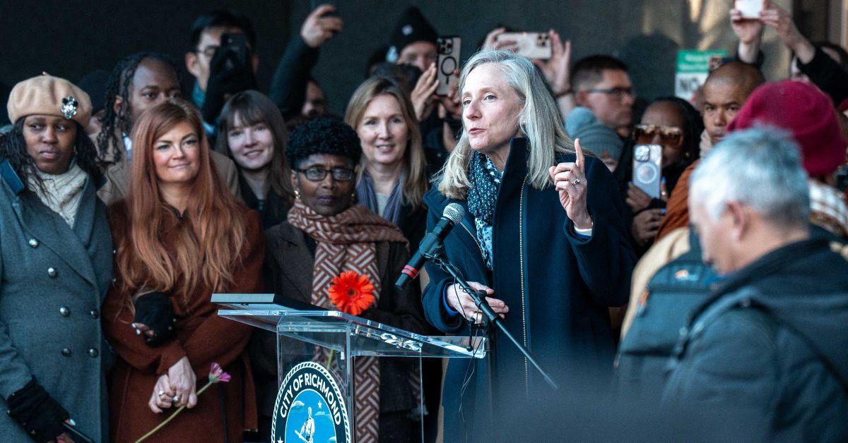 Abigail Spanberger speaking during a Walk for Peace event in Richmond.