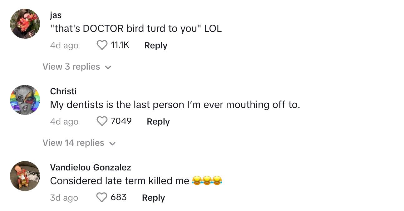 Commenters react to the teenager calling his dentist a bird turd