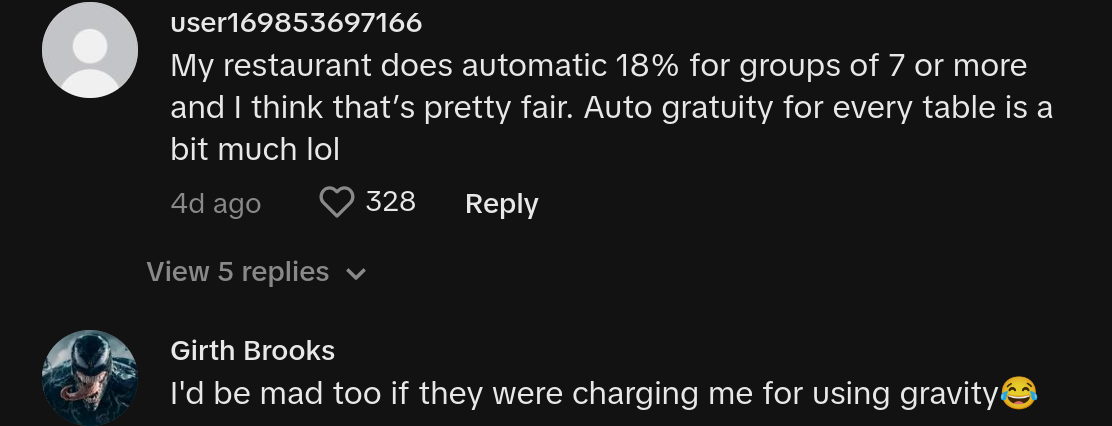 Comments on the viral video of a Sugar Factory customer getting upset over added gratuity.