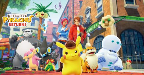 The cast of Detective Pikachu Returns in Ryme City.