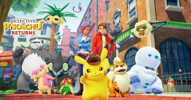 The cast of Detective Pikachu Returns in Ryme City.