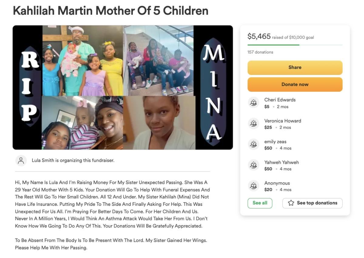 A screenshot of GoFundMe page for woman with five kids who died of an asthma attack.