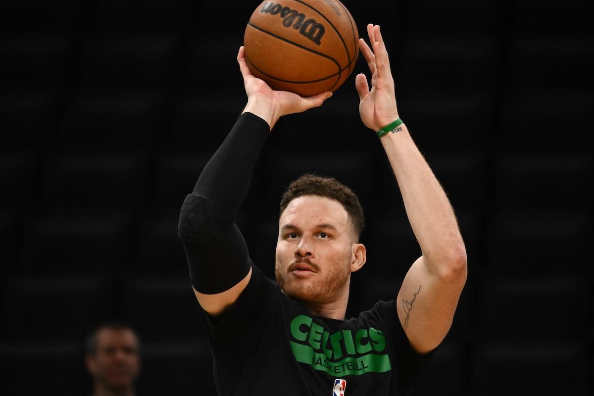 Blake Griffin shoots the ball during warmups before a game against the Toronto Raptors at the TD Garden on April 5, 2023